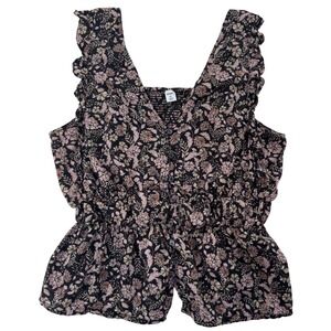 Old Navy Womens Smocked Peplum Boho Tank Top XL Black Pink Floral Ruffle Cute